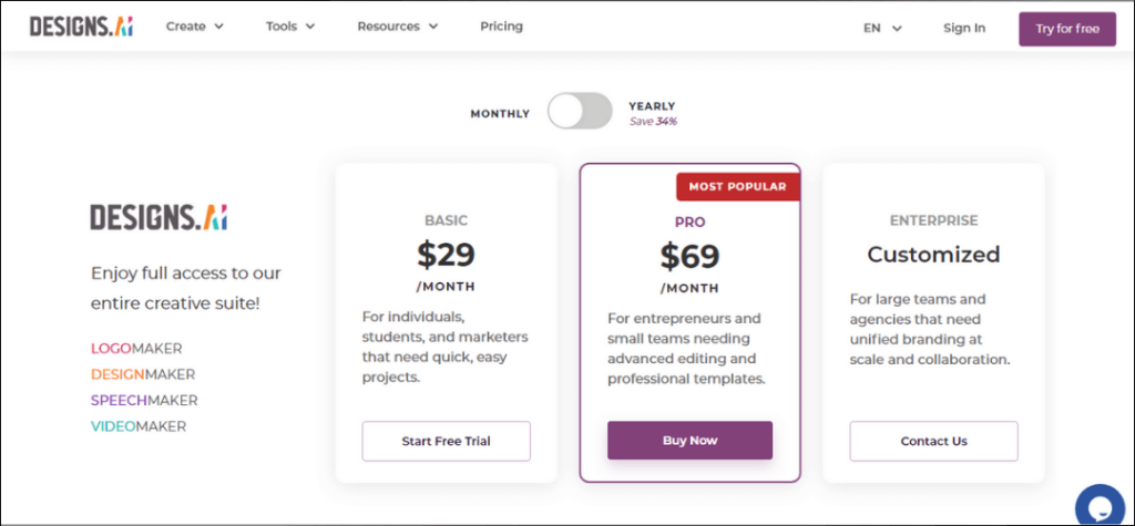 Designs.ai pricing