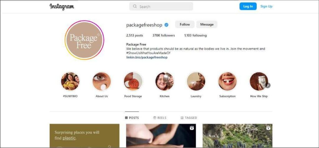 Package Free: example of ecommerce using instagram shops